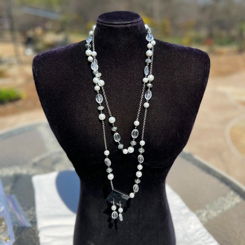 Long Pearl Necklace Sparkle Silver Tone Dressy Faux Crystal NWT